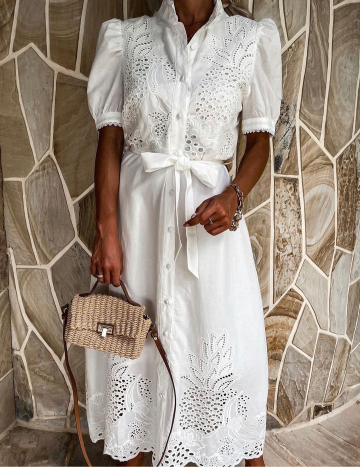 Women’s Eyelet Midi Dress with Puff Sleeves