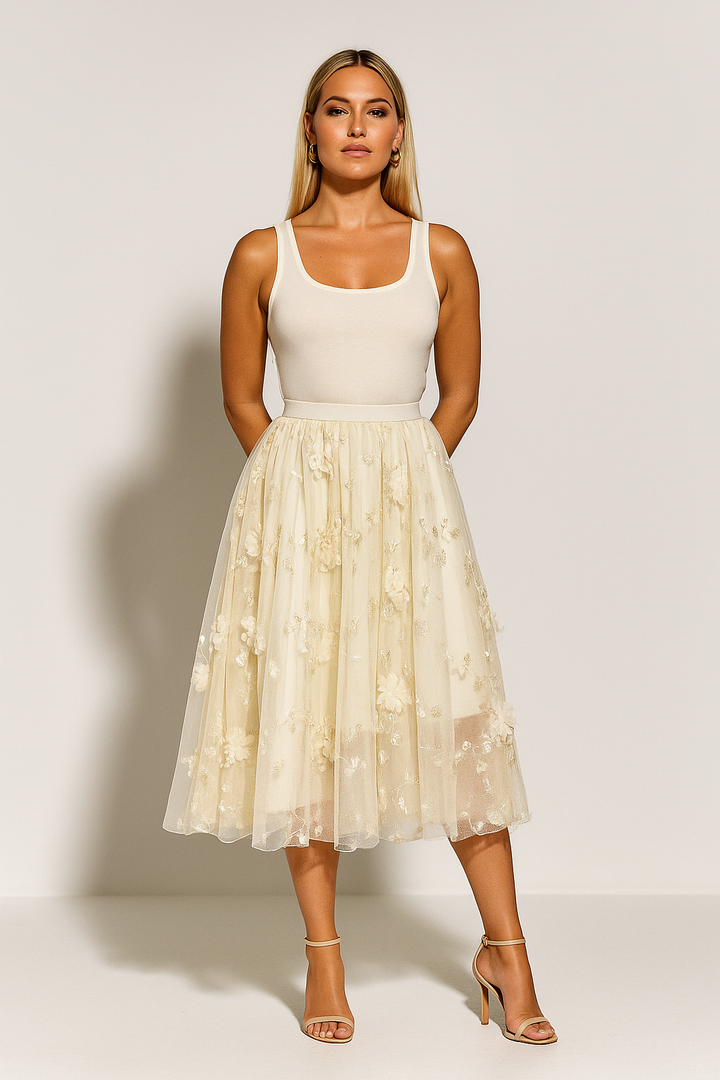 Women’s Tulle Floral Embroidered Midi Skirt