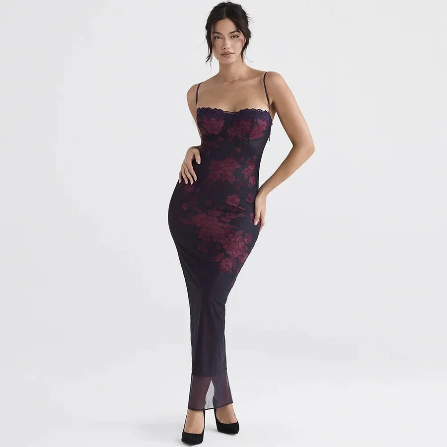 Women’s Floral Mesh Bodycon Maxi Dress