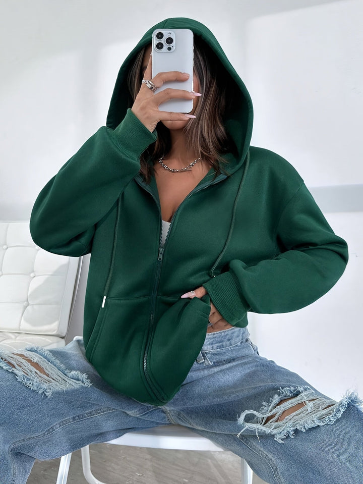 Solid Color Zip-up Drawstring Hoodie