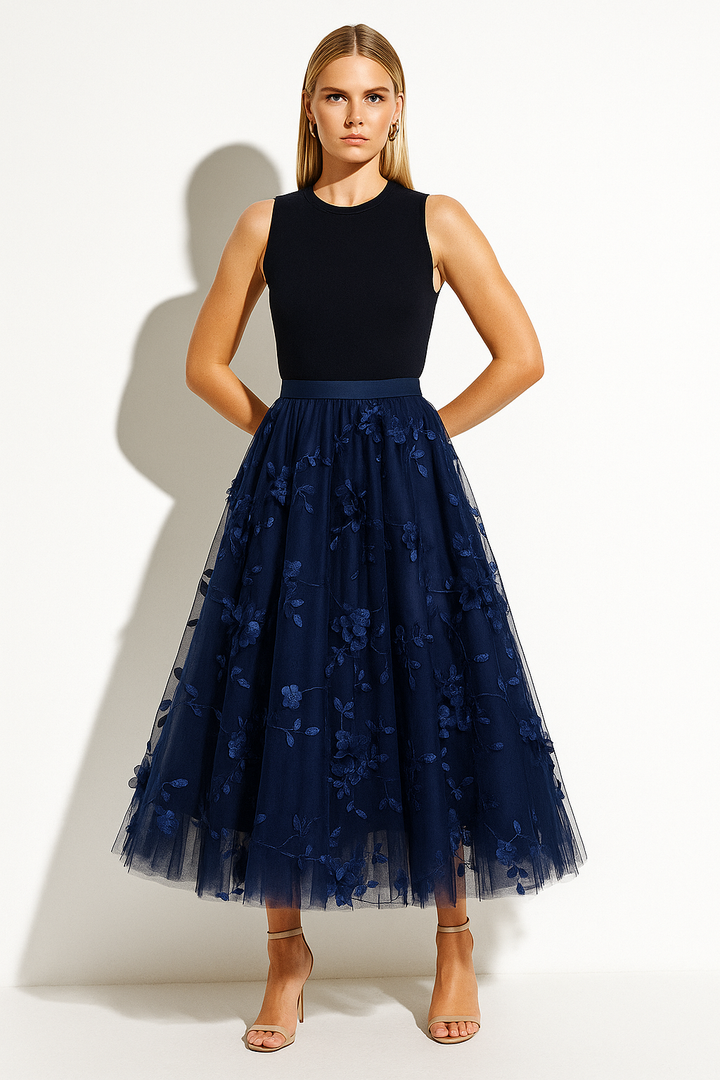 Women’s Tulle Floral Embroidered Midi Skirt