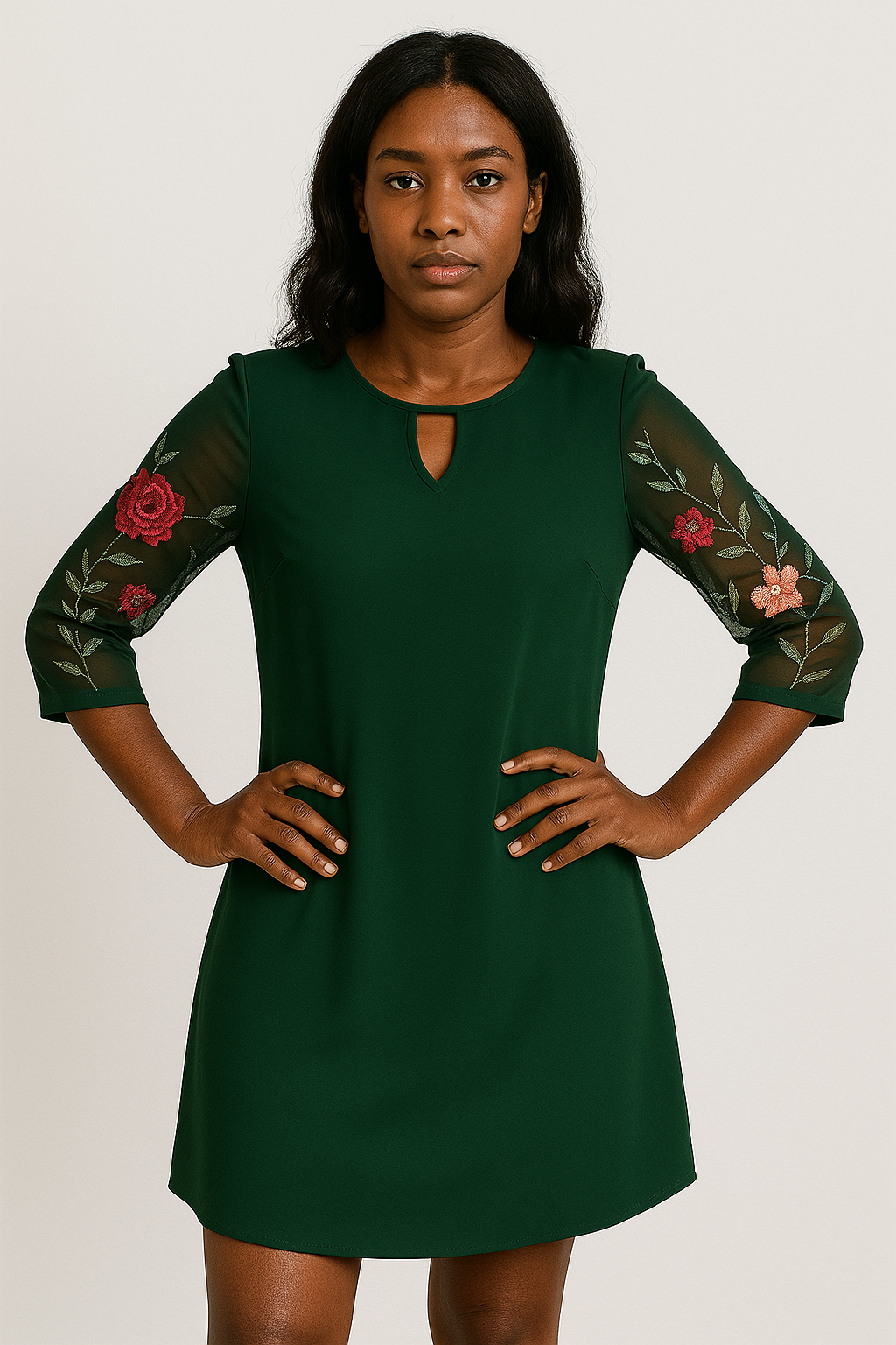 Women’s Mini Dress with Embroidered Floral Mesh Sleeves
