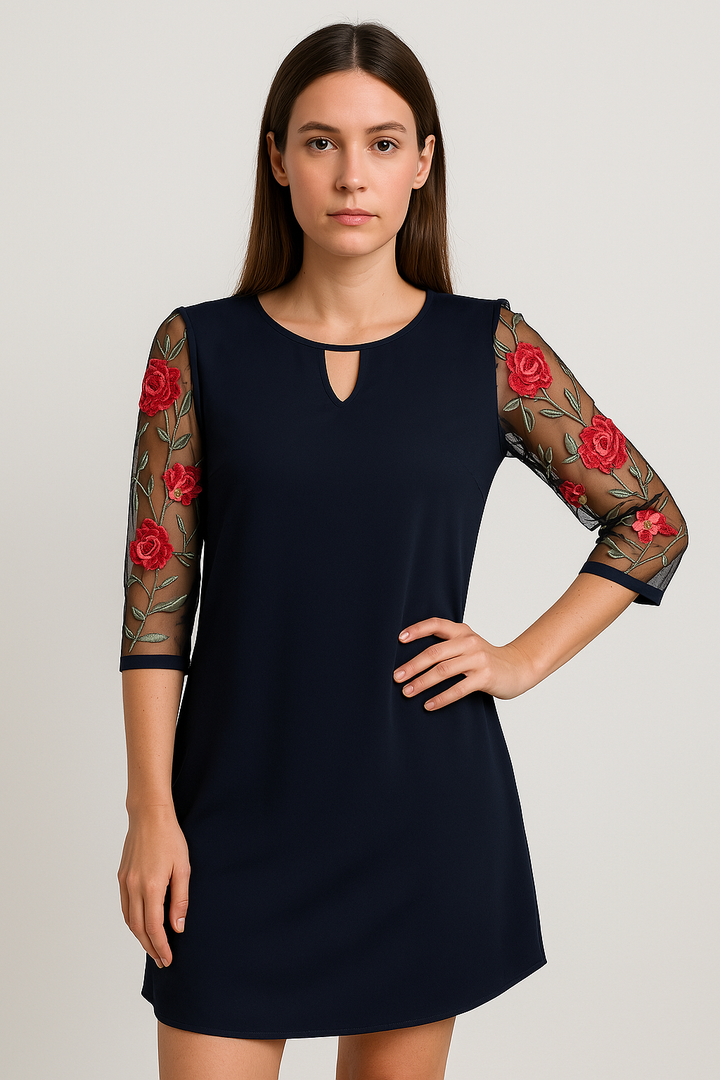 Women’s Mini Dress with Embroidered Floral Mesh Sleeves