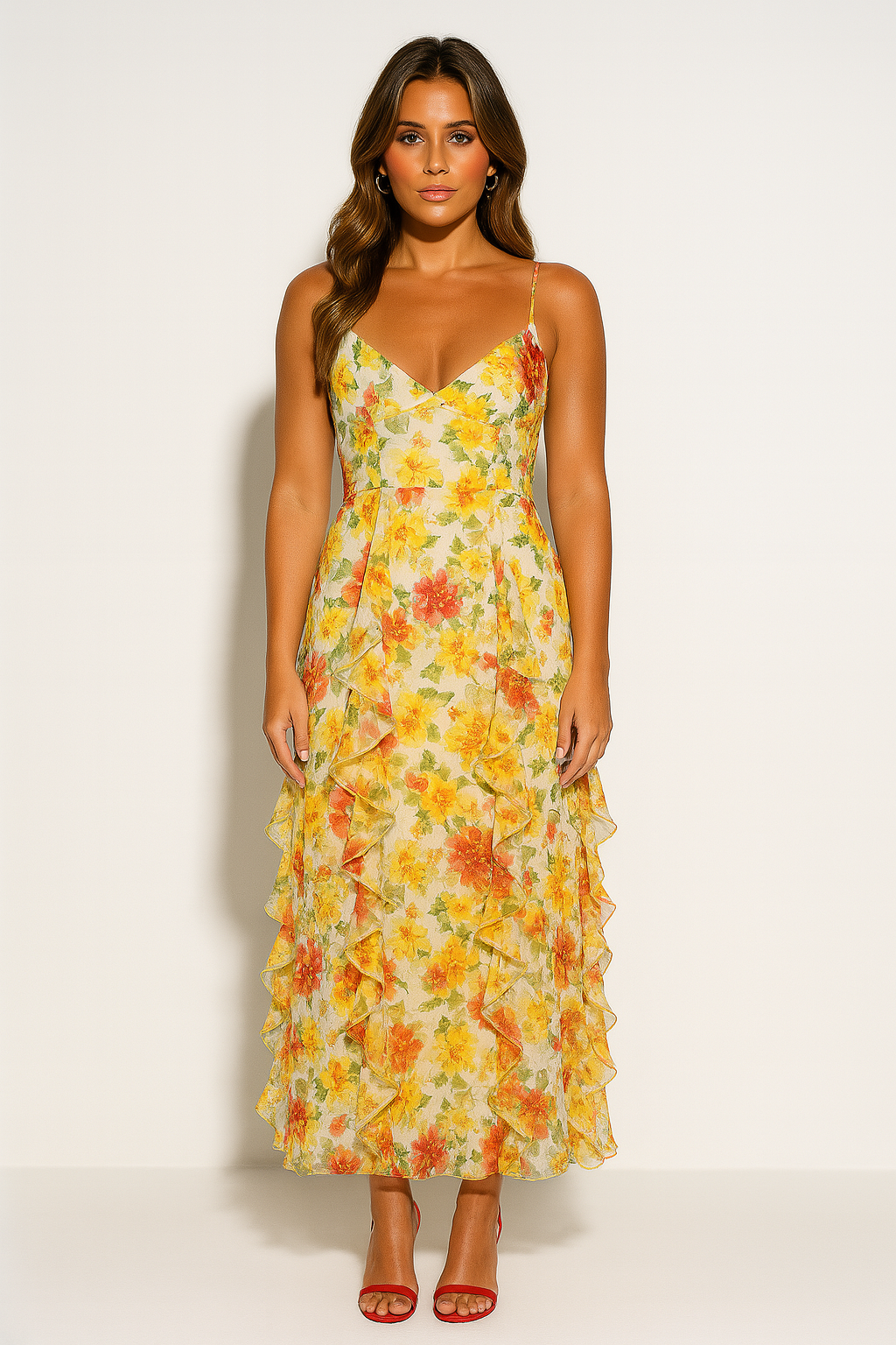 Women’s Elegant Floral Ruffle Maxi Dress