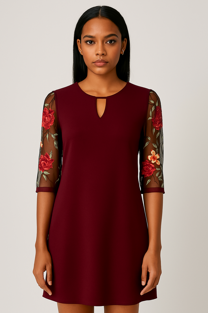 Women’s Mini Dress with Embroidered Floral Mesh Sleeves