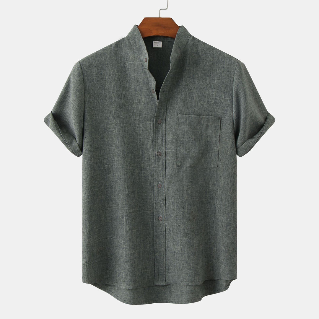 Men's Mandarin Collar Short-Sleeve Linen Shirt