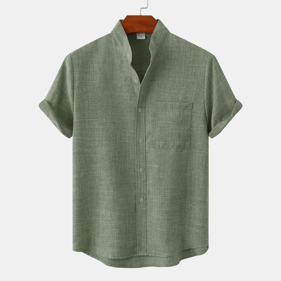 Men's Mandarin Collar Short-Sleeve Linen Shirt
