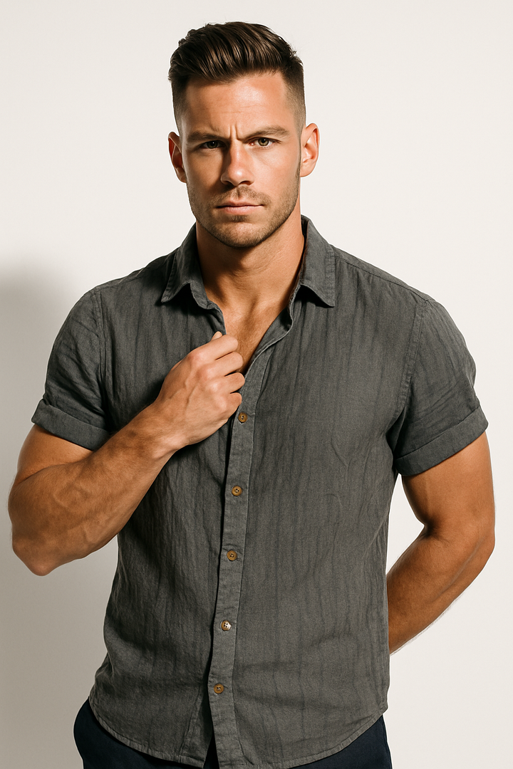 Men's Short Sleeve Linen-Blend Button-Up Shirt