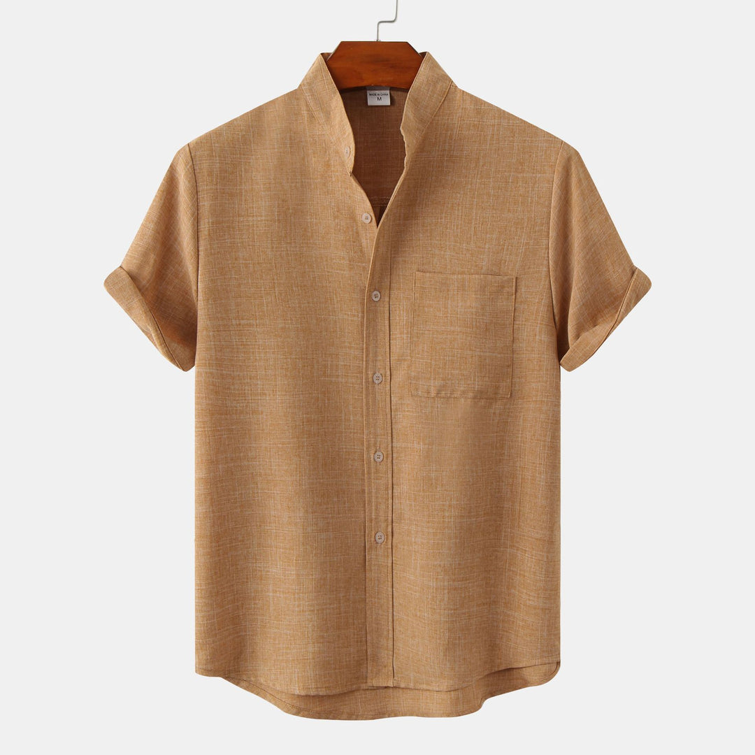 Men's Mandarin Collar Short-Sleeve Linen Shirt