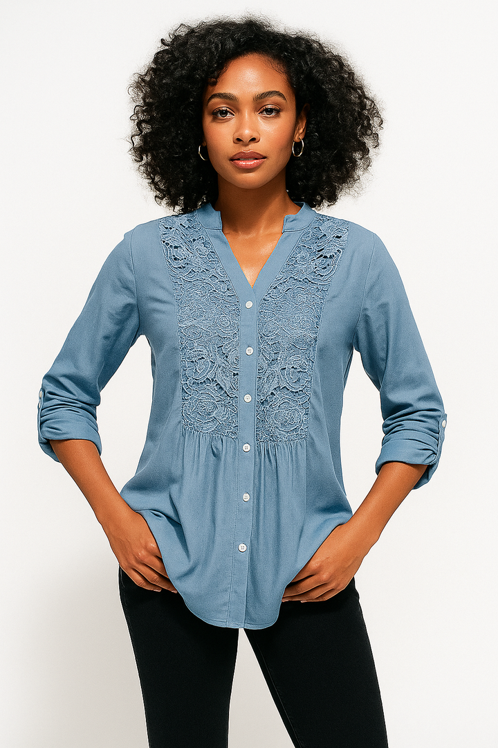Women’s Lace Panel Button-Front Blouse