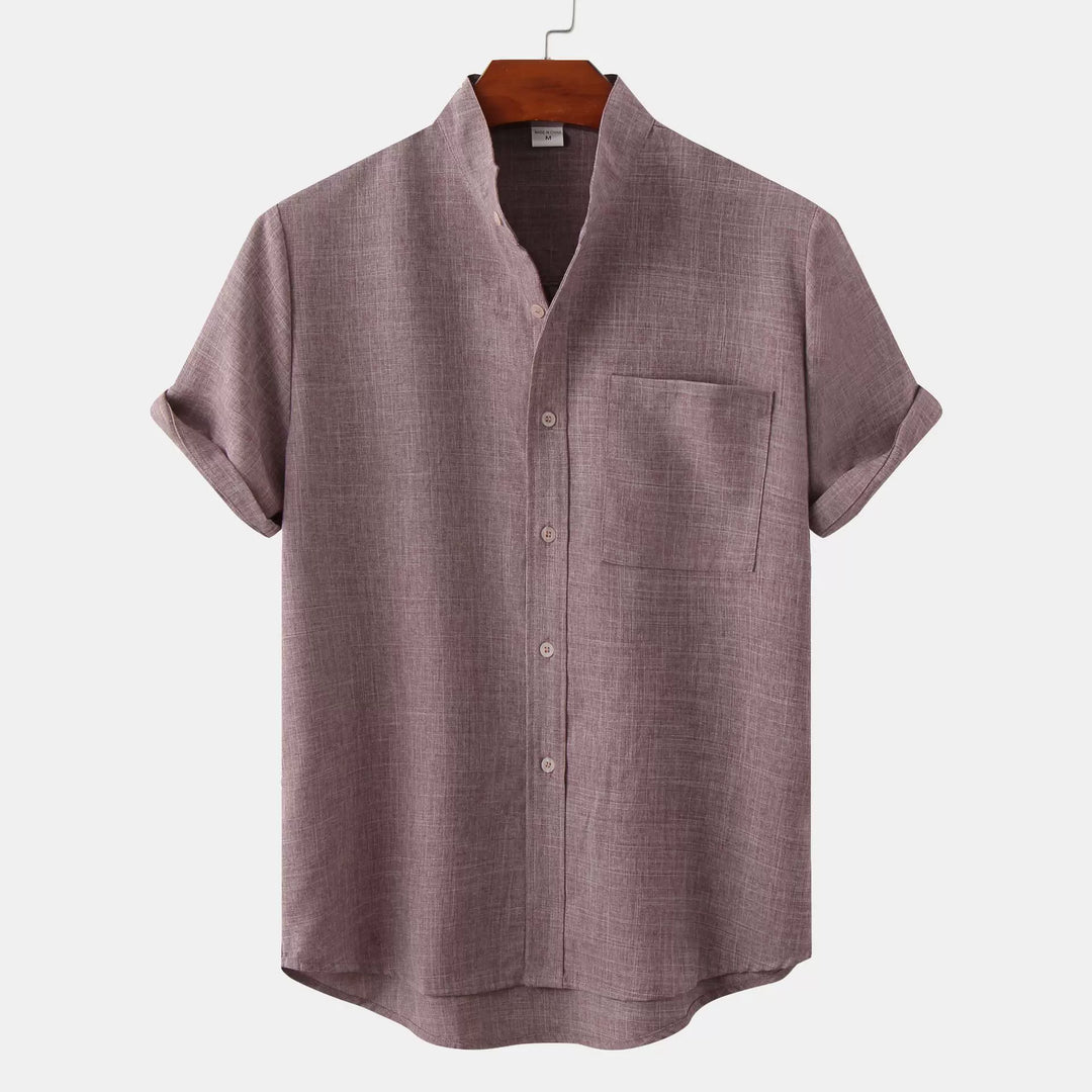 Men's Mandarin Collar Short-Sleeve Linen Shirt