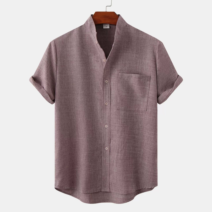 Men's Mandarin Collar Short-Sleeve Linen Shirt