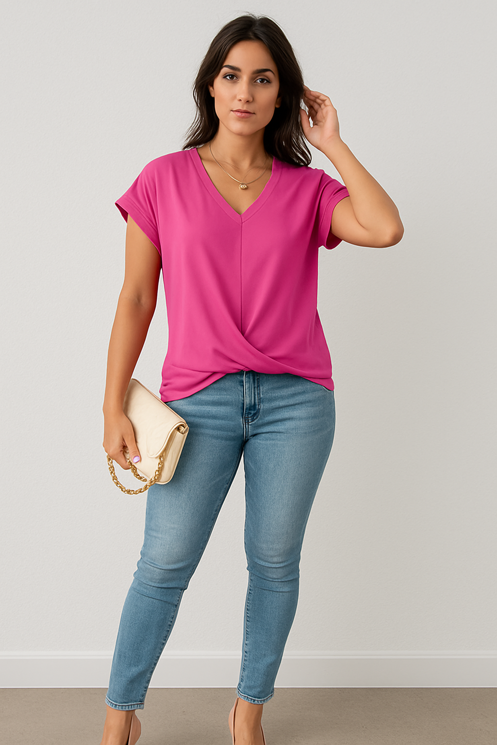 Women’s V-Neck Draped Short Sleeve Blouse