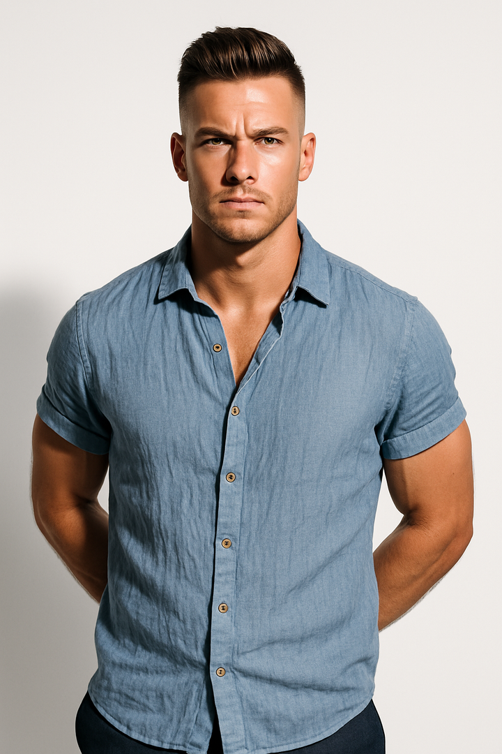 Men's Short Sleeve Linen-Blend Button-Up Shirt