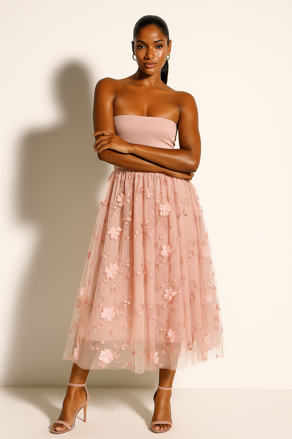 Women’s Tulle Floral Embroidered Midi Skirt