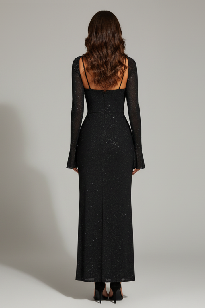 Glitter Halter-Neck Long Sleeve Dress – Elegant & Seductive