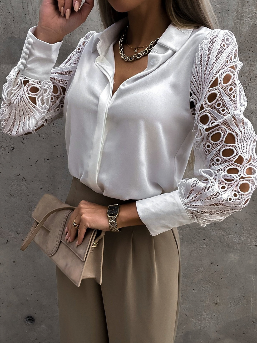 Women's Satin Blouse with Lace Sleeves