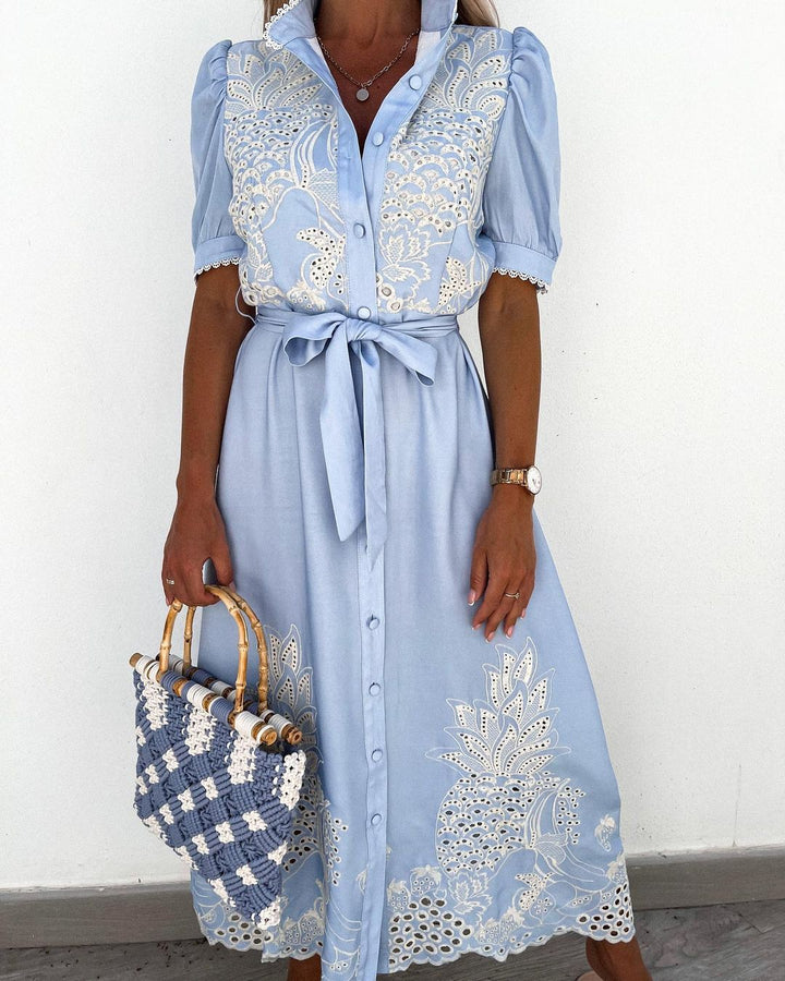 Women’s Eyelet Midi Dress with Puff Sleeves