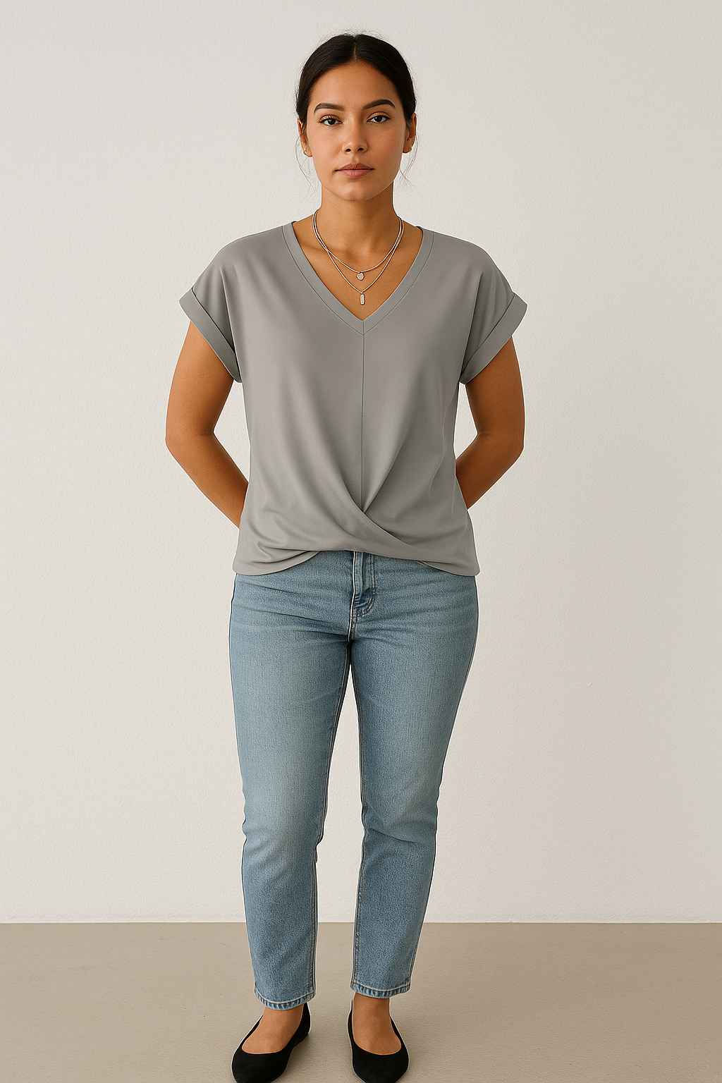 Women’s V-Neck Draped Short Sleeve Blouse