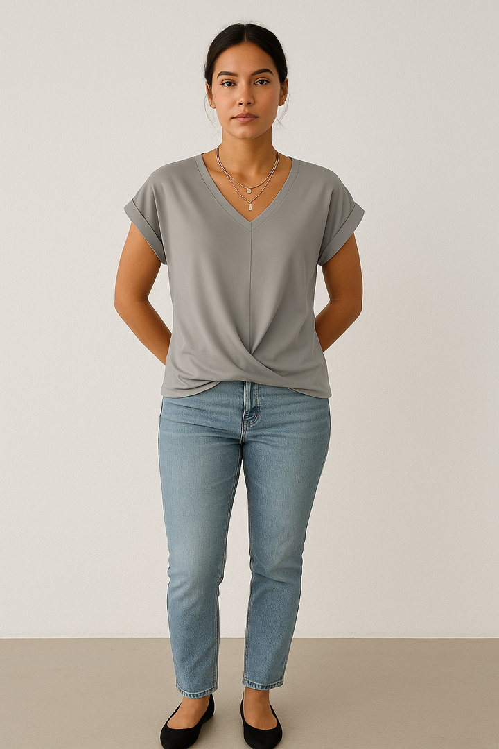 Women’s V-Neck Draped Short Sleeve Blouse