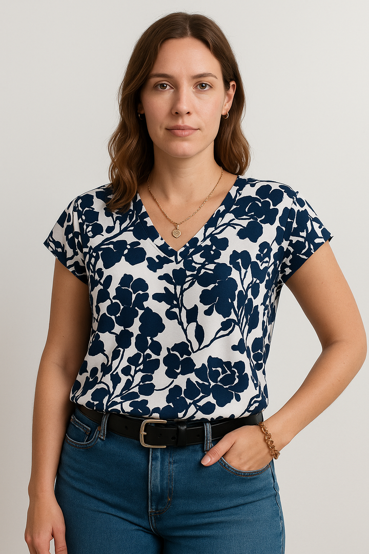 Women’s V-Neck Short Sleeve Printed Blouse