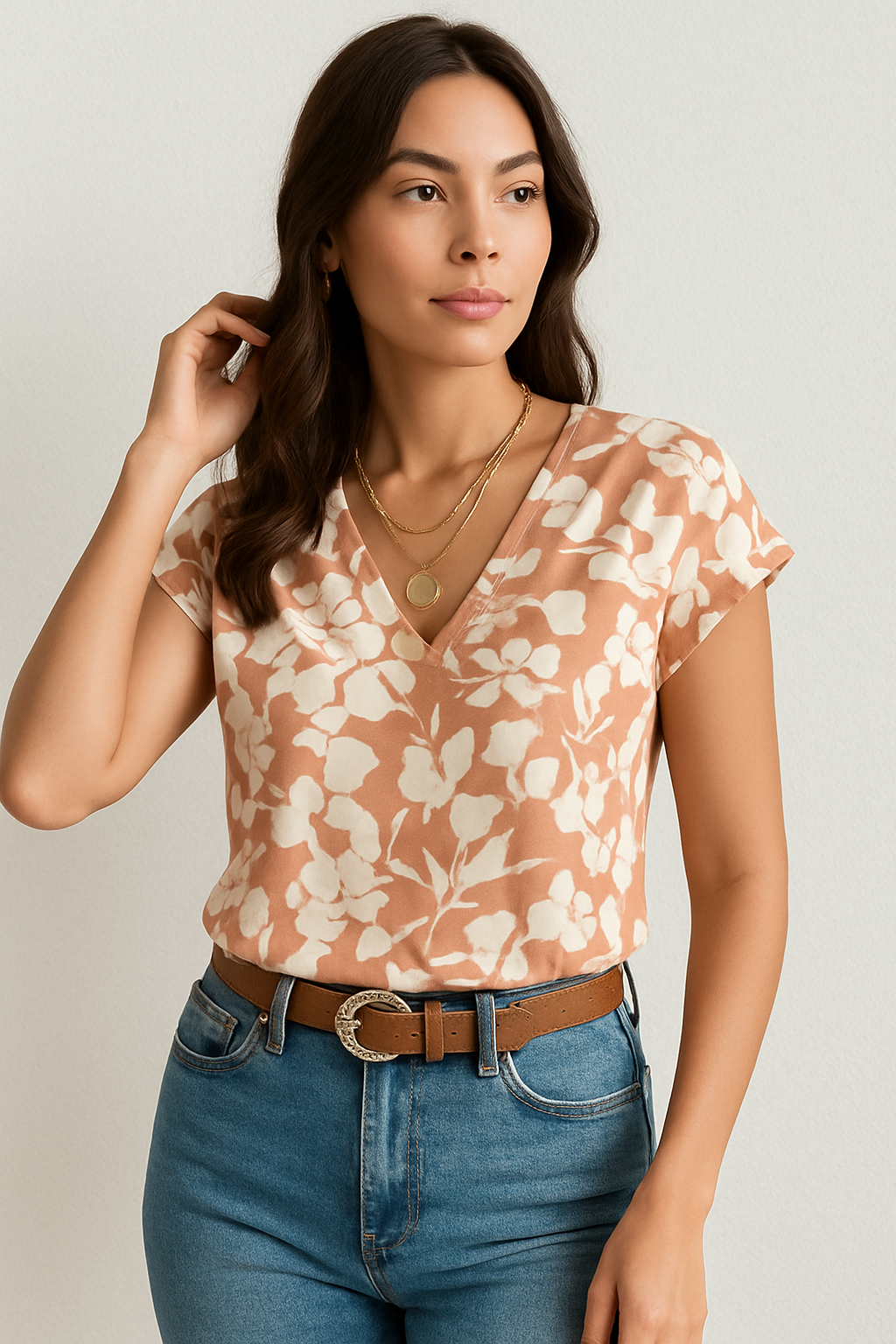 Women’s V-Neck Short Sleeve Printed Blouse