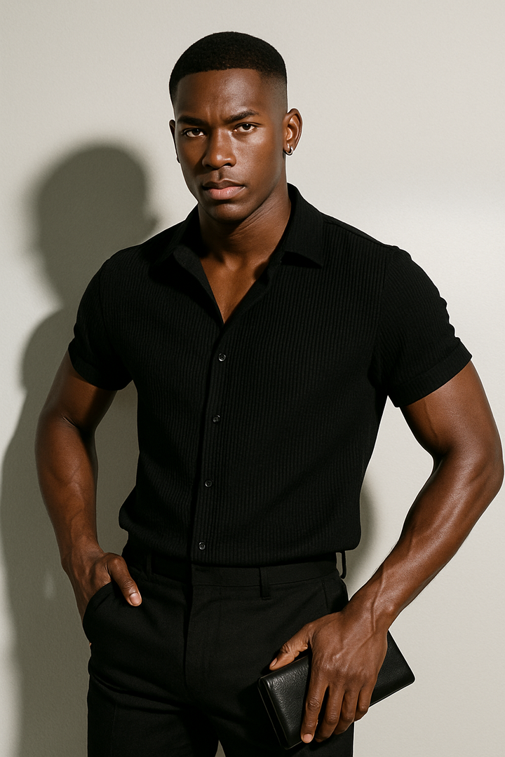 Men’s Short Sleeve Ribbed Button-Up Shirt