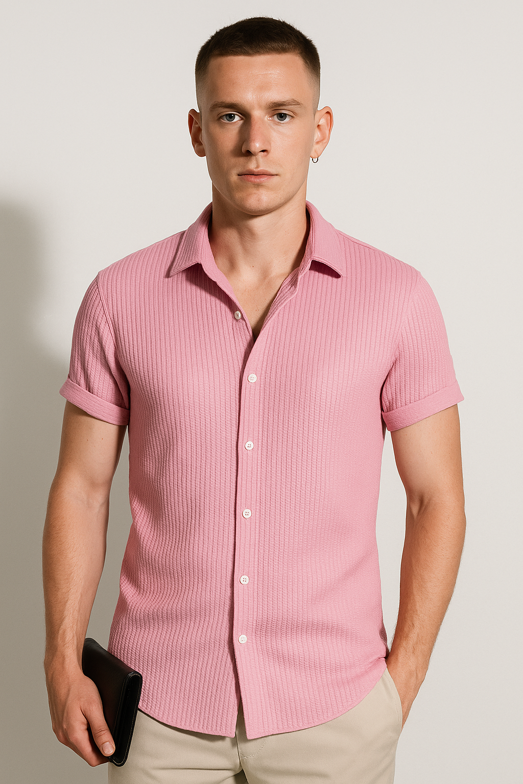 Men’s Short Sleeve Ribbed Button-Up Shirt