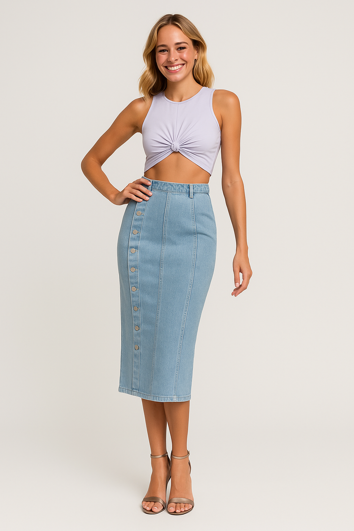 Women’s High Waist Button Front Denim Midi Skirt