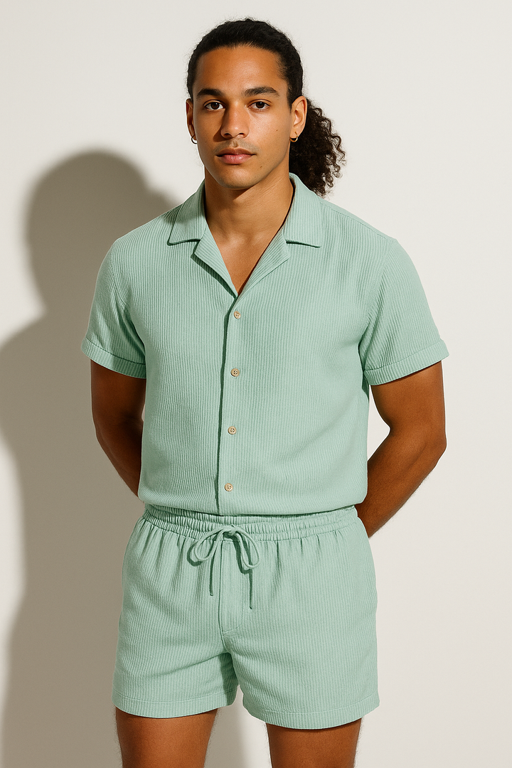 Men’s Summer Ribbed Short Sleeve Shirt and Shorts Set