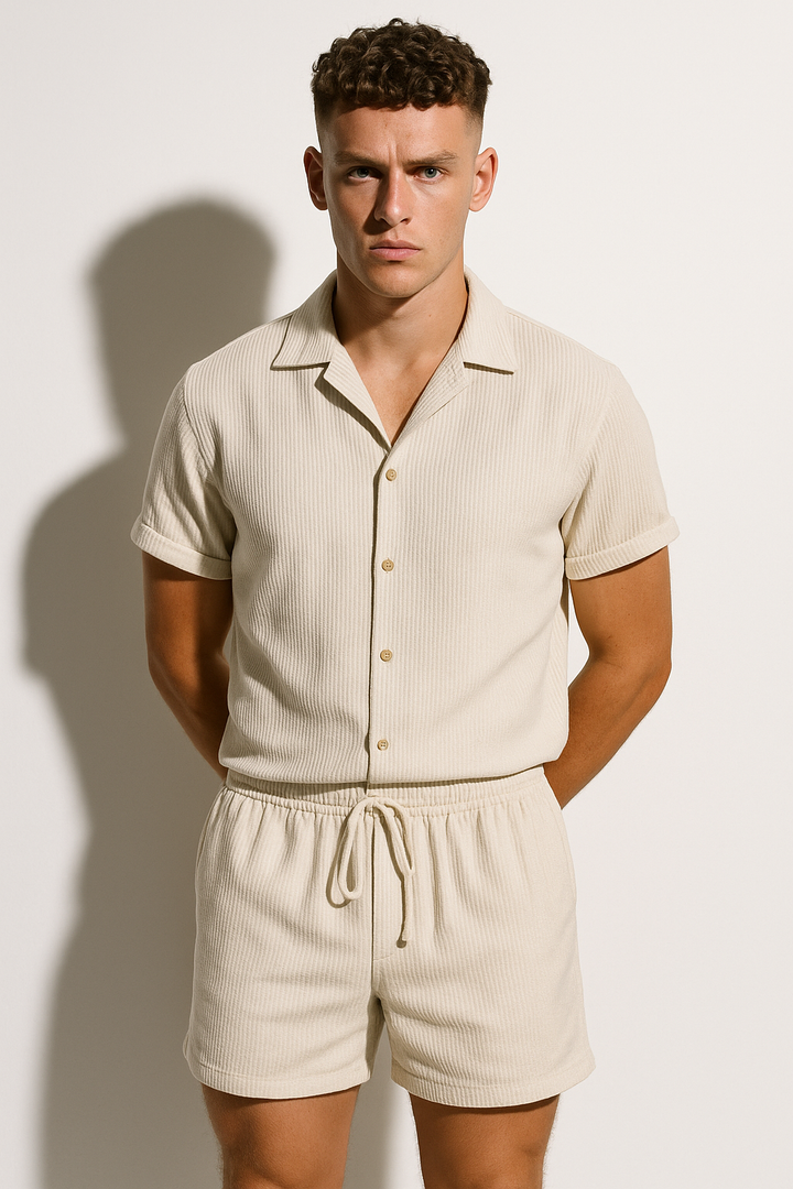 Men’s Summer Ribbed Short Sleeve Shirt and Shorts Set