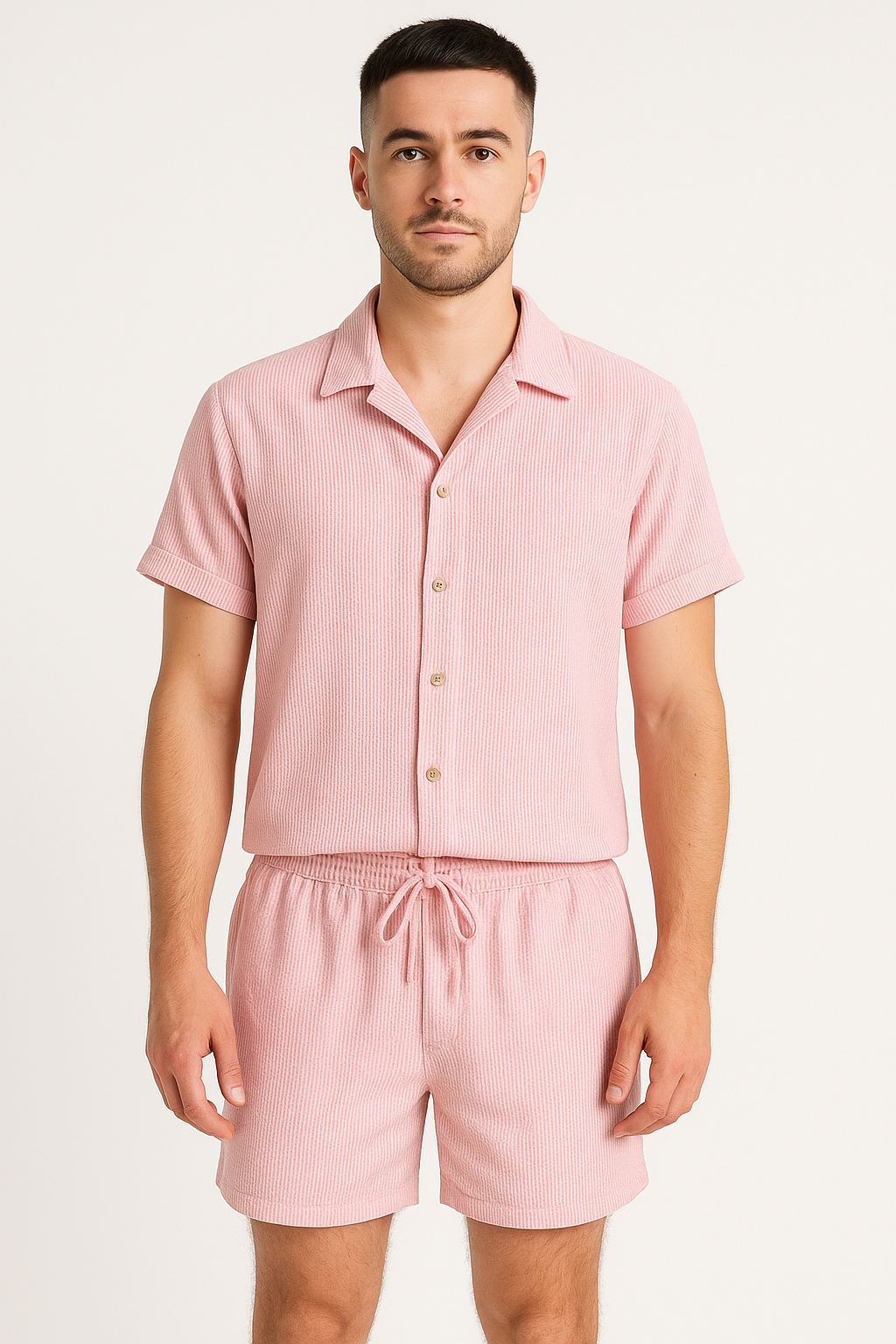 Men’s Summer Ribbed Short Sleeve Shirt and Shorts Set