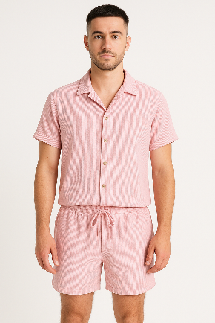 Men’s Summer Ribbed Short Sleeve Shirt and Shorts Set