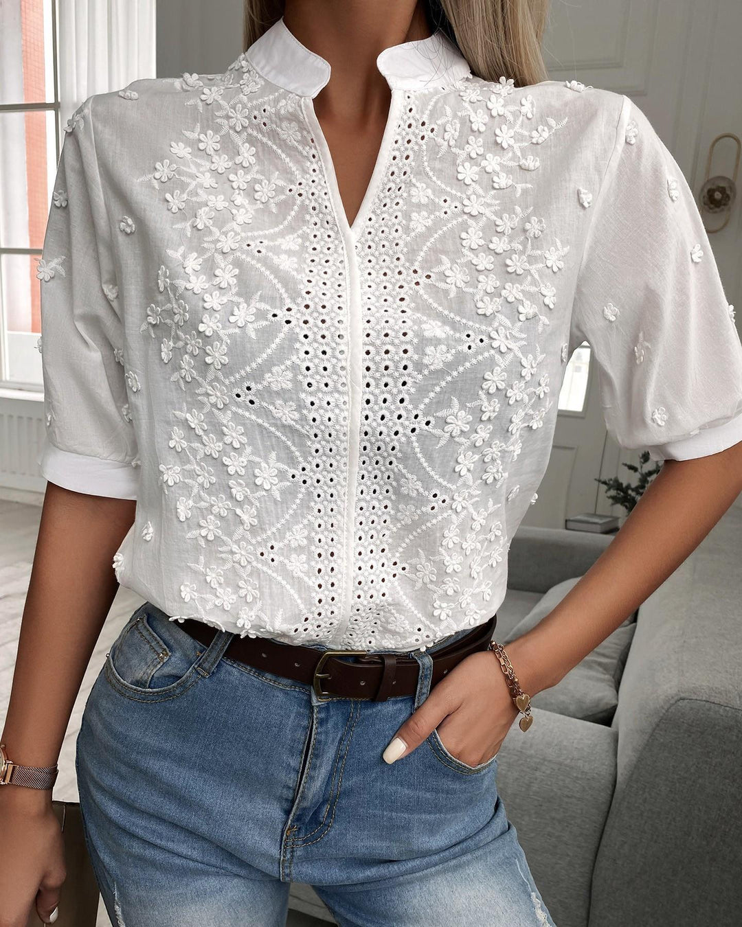 Women’s White Embroidered Eyelet Blouse