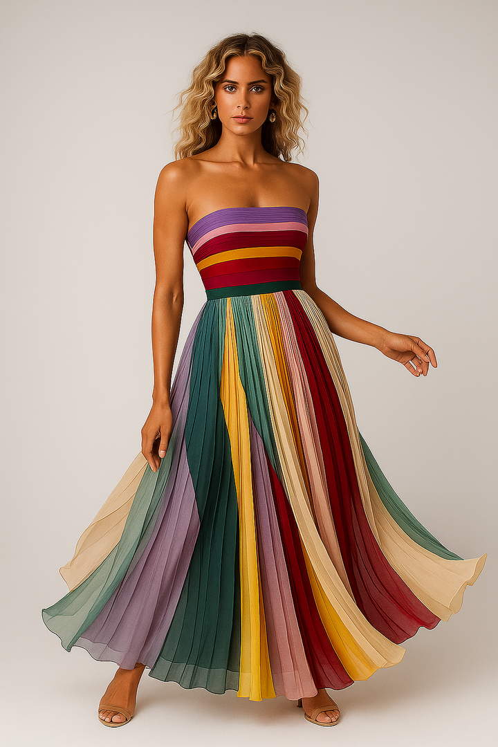 Women’s Multicolor Strapless Pleated Maxi Dress