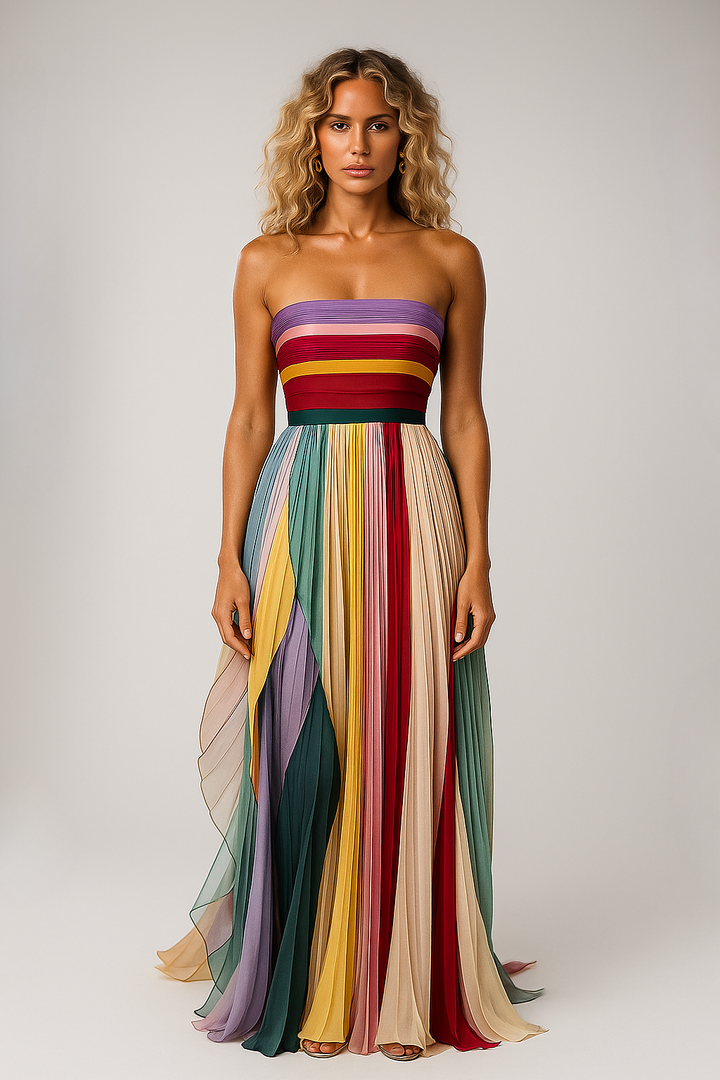 Women’s Multicolor Strapless Pleated Maxi Dress