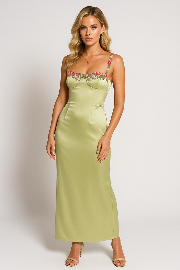 Women’s Floral Appliqué Satin Midi Dress