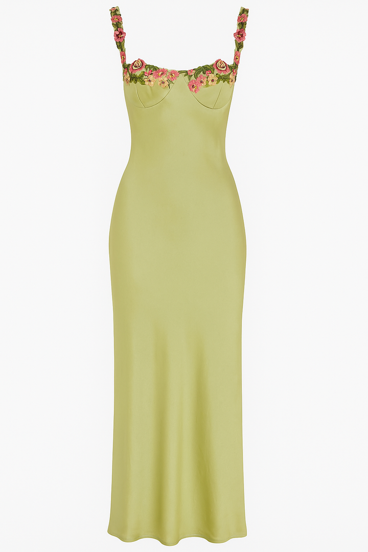 Women’s Floral Appliqué Satin Midi Dress