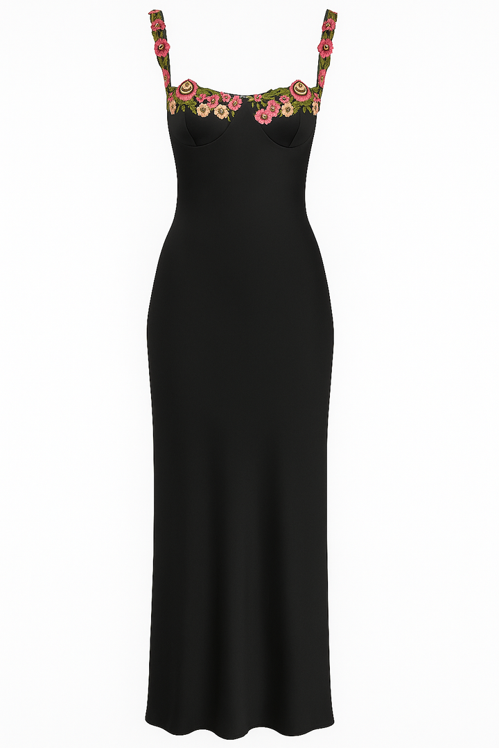 Women’s Floral Appliqué Satin Midi Dress
