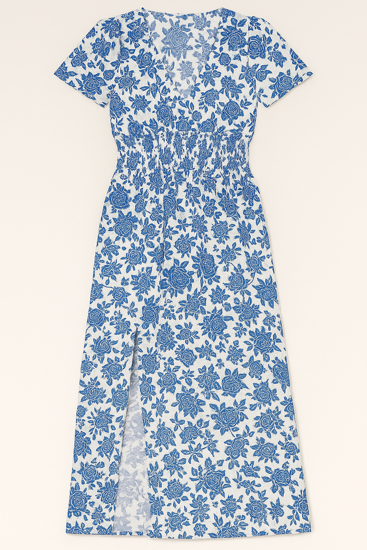 Women’s Blue Floral Smocked Midi Dress
