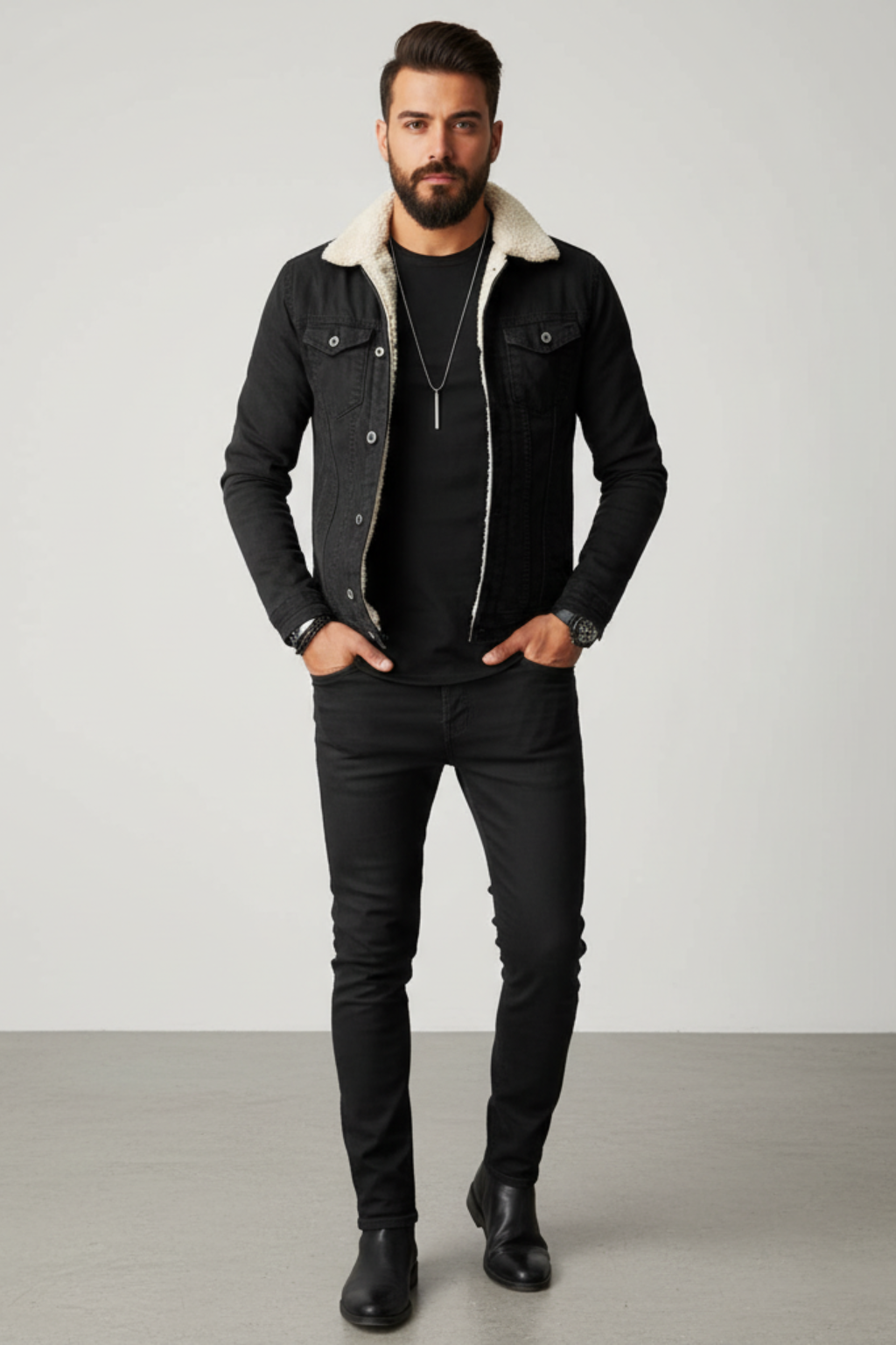 Men’s Fleece-Lined Denim Jacket with Lapel Collar