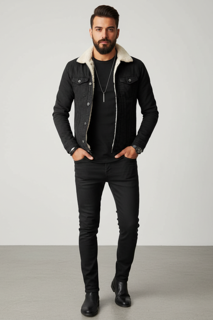 Men’s Fleece-Lined Denim Jacket with Lapel Collar