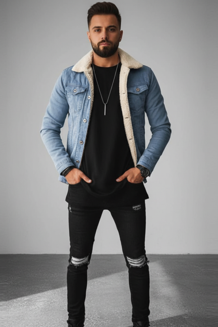 Men’s Fleece-Lined Denim Jacket with Lapel Collar