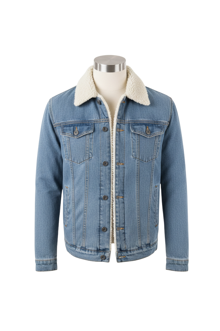 Men’s Fleece-Lined Denim Jacket with Lapel Collar