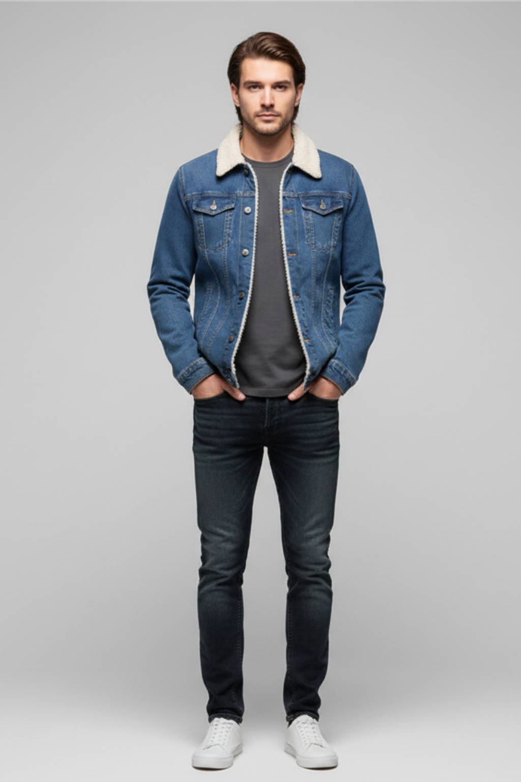 Men’s Fleece-Lined Denim Jacket with Lapel Collar