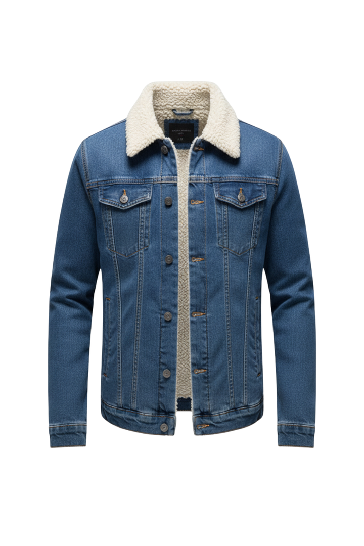 Men’s Fleece-Lined Denim Jacket with Lapel Collar