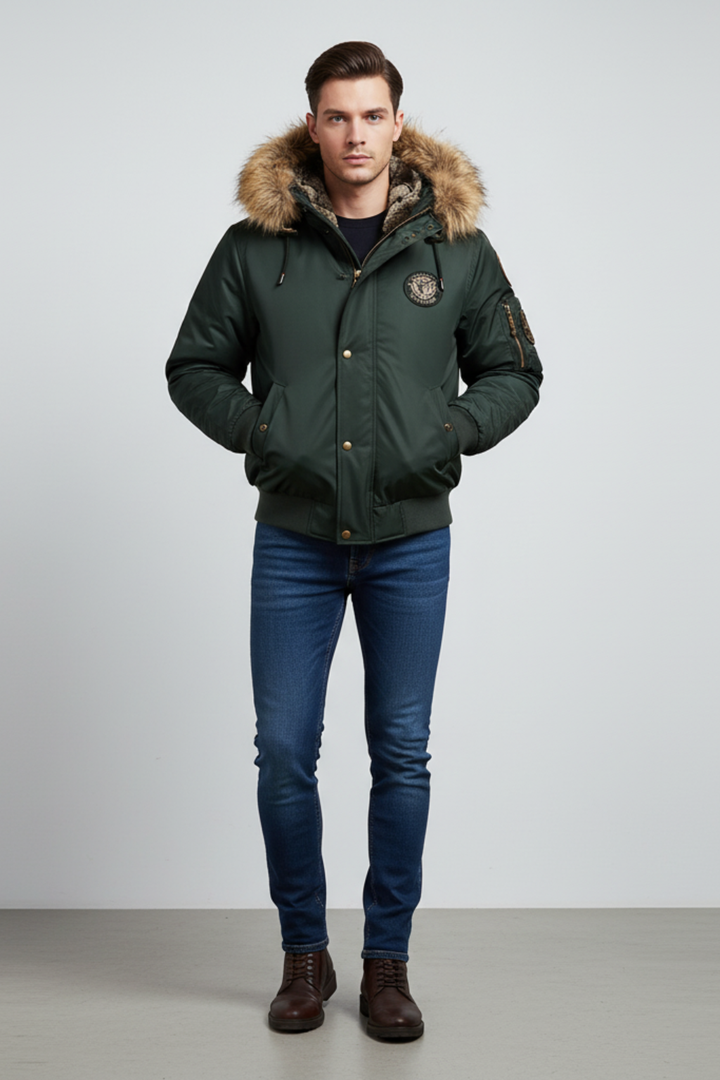 Men’s Quilted Bomber Jacket with Faux Fur Hood