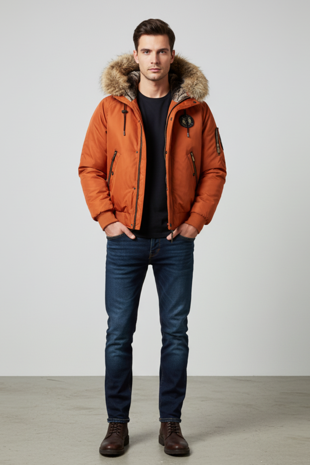 Men’s Quilted Bomber Jacket with Faux Fur Hood