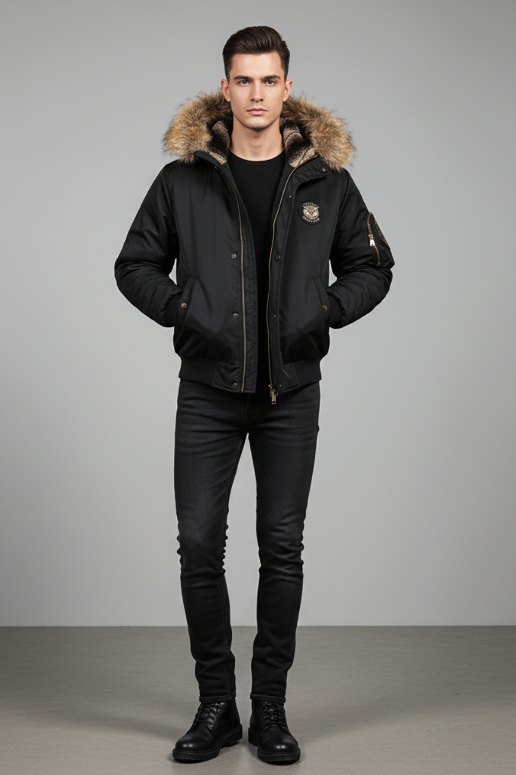 Men’s Quilted Bomber Jacket with Faux Fur Hood