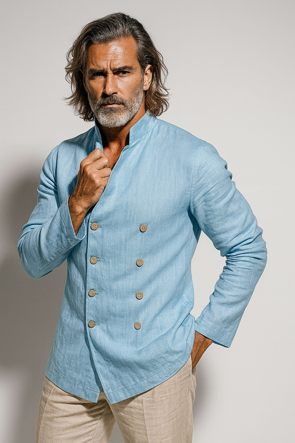 Men’s Mandarin Collar Double-Breasted Shirt